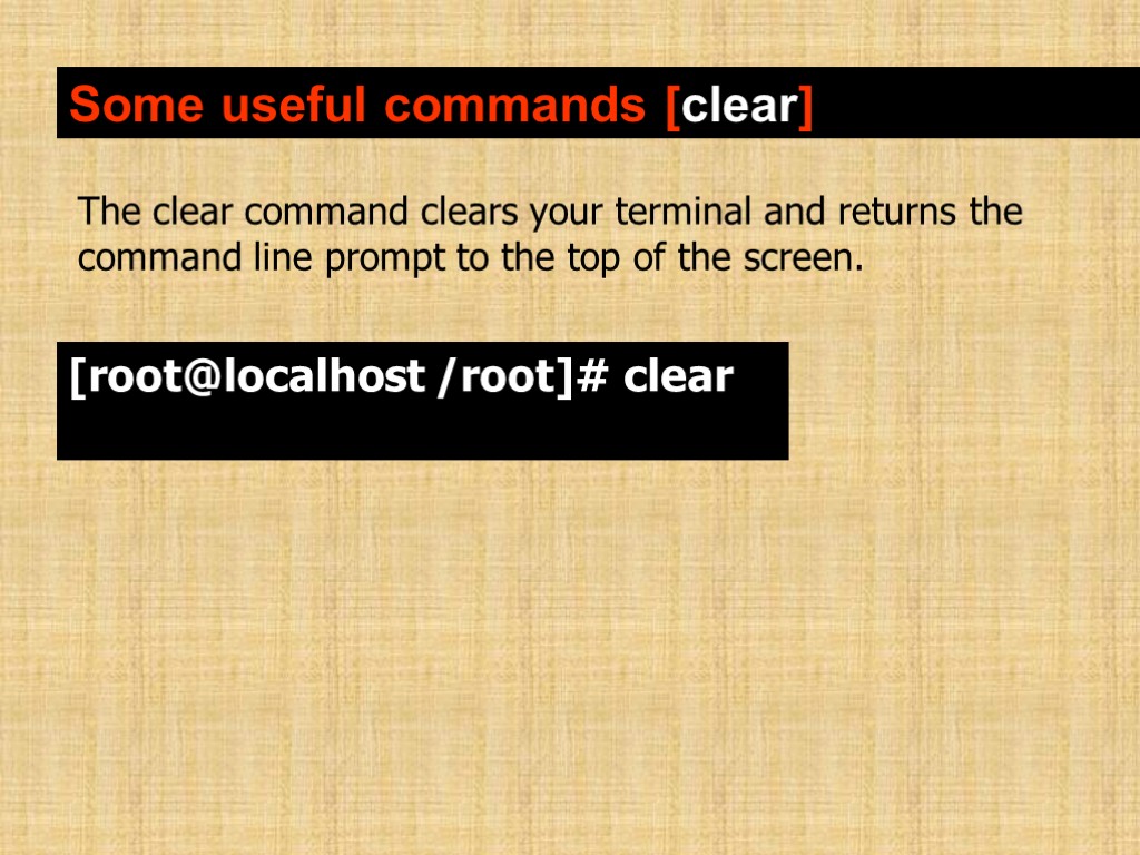 Some useful commands [clear] The clear command clears your terminal and returns the command